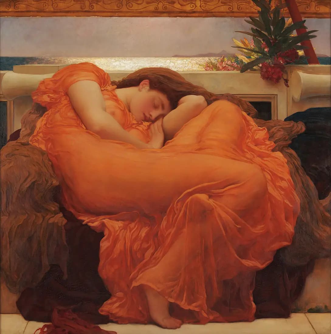 A sleeping woman curls into a circle beneath translucent orange drapery on a marble bench