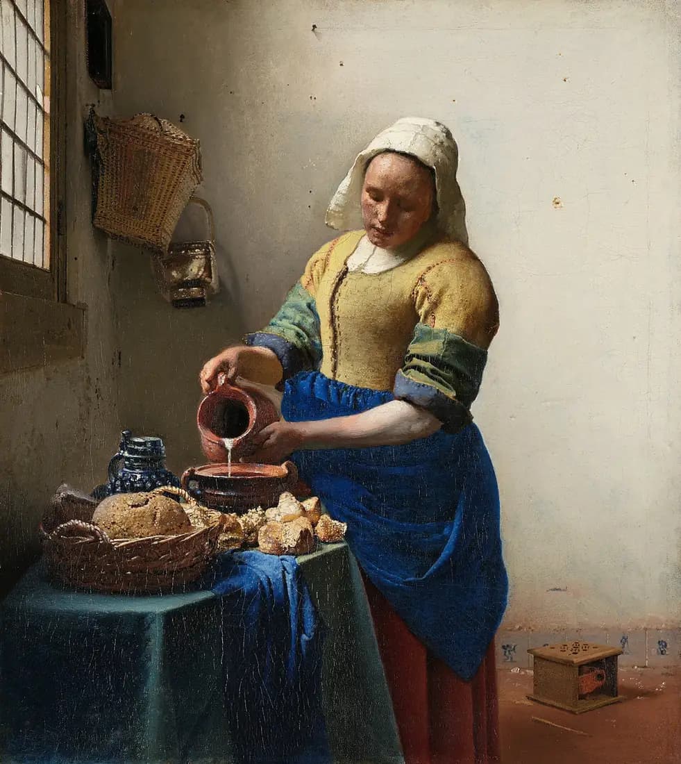 A maid stands beside a sunlit window and pours milk into a bowl on a table