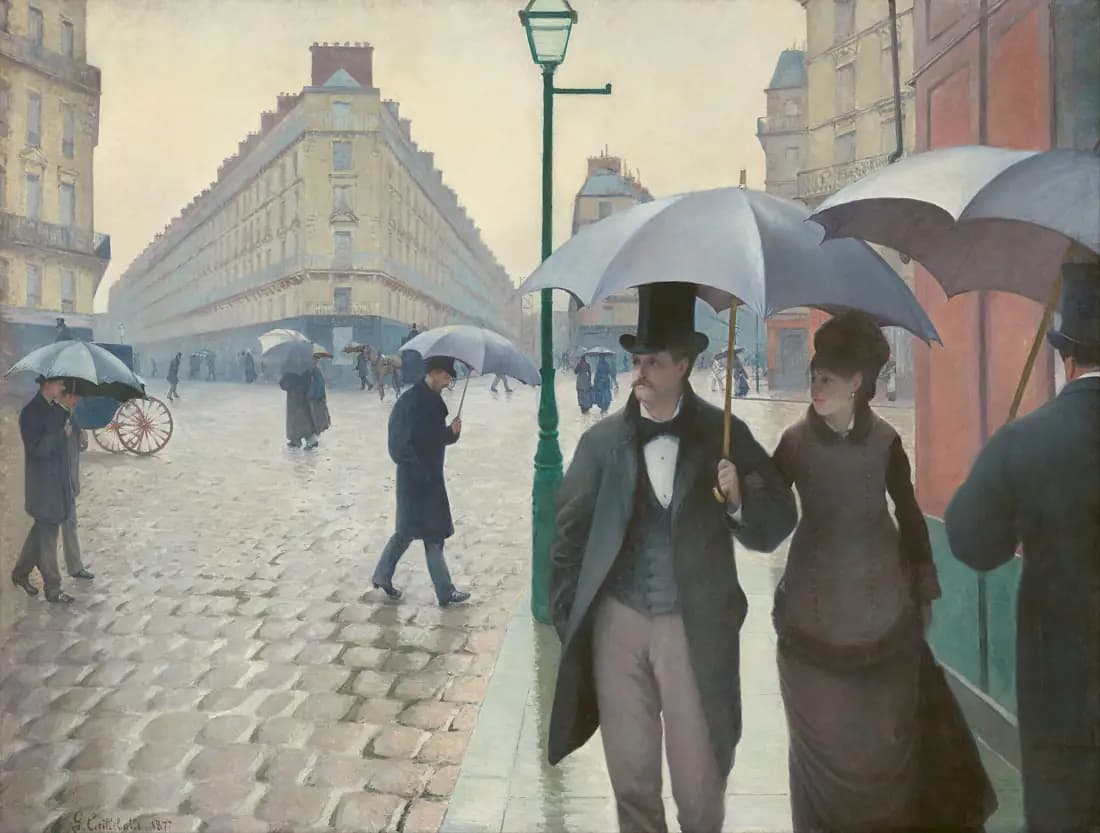 Parijzenaars dragen paraplu's over een breed, nat kruispunt in de Parijse Straat van Gustave Caillebotte, Rainy Day