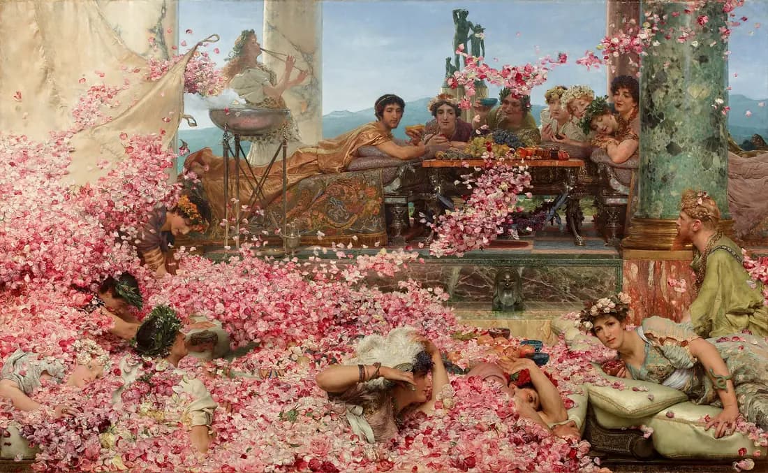 Roman banquet guests disappear beneath a cascade of pink rose petals while reclining figures watch above