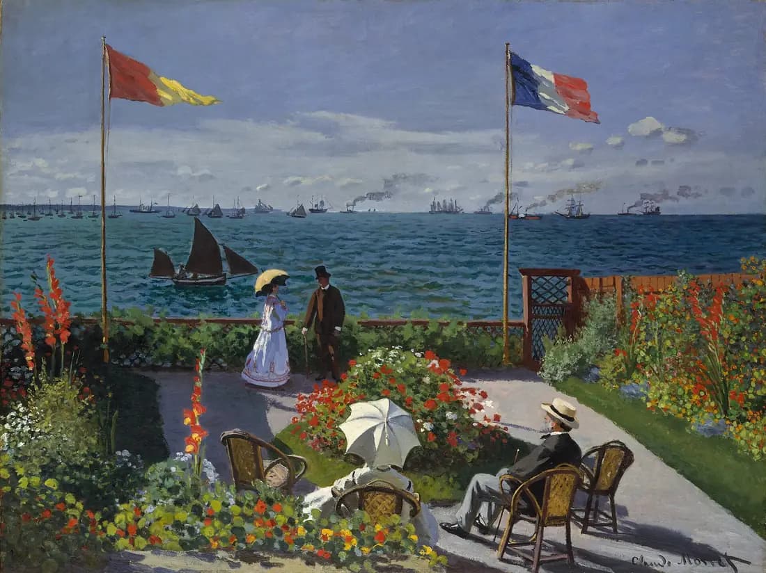 People sit on a flower-filled seaside terrace beneath fluttering flags overlooking sailboats and steamships