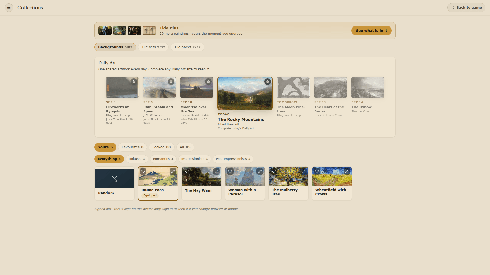 Mahjong Tide’s Collections page showing Japanese and European art, tile sets, tile backs, and locked rewards.