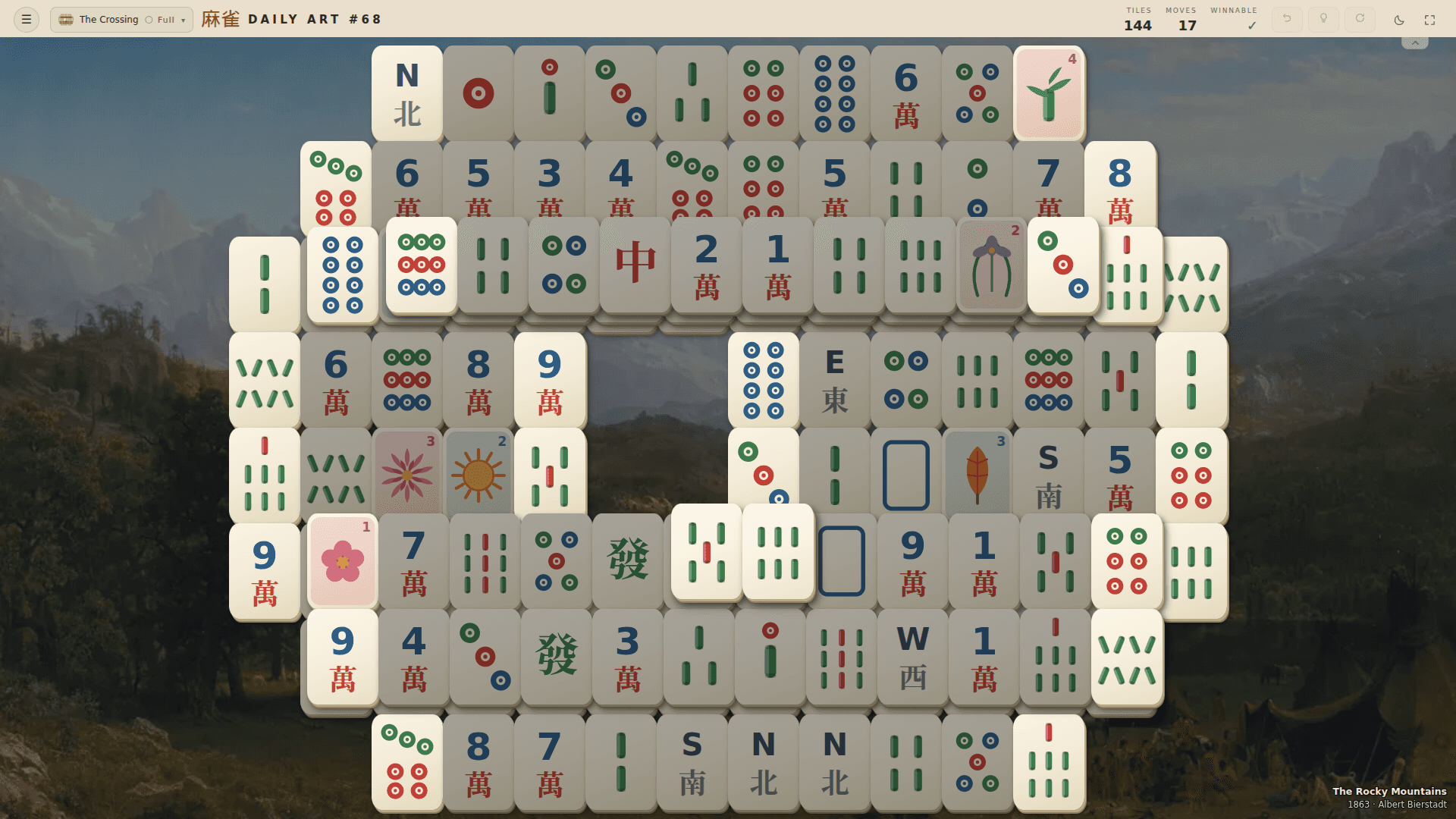 A full Mahjong Tide Daily Art board over a public-domain painting.