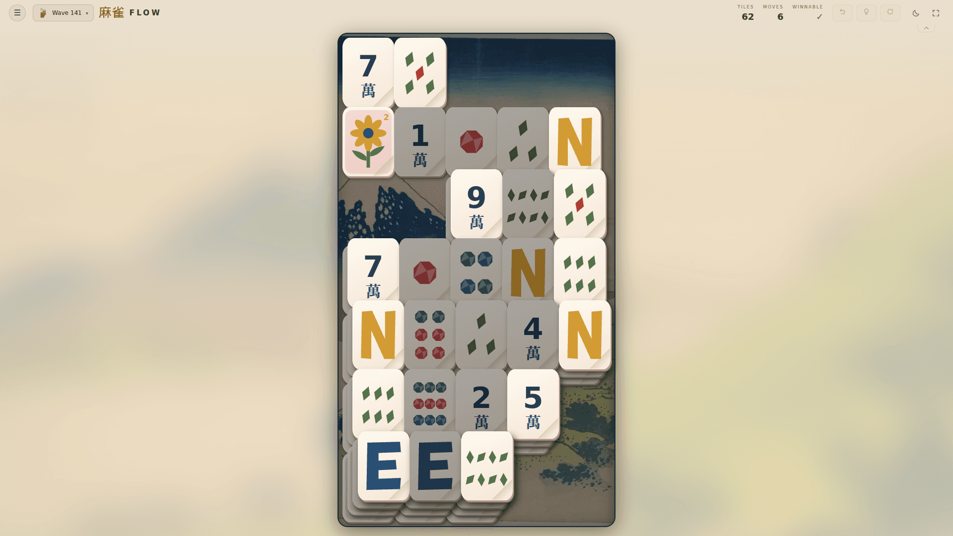 A compact Mahjong Tide Flow board over a Japanese landscape print.