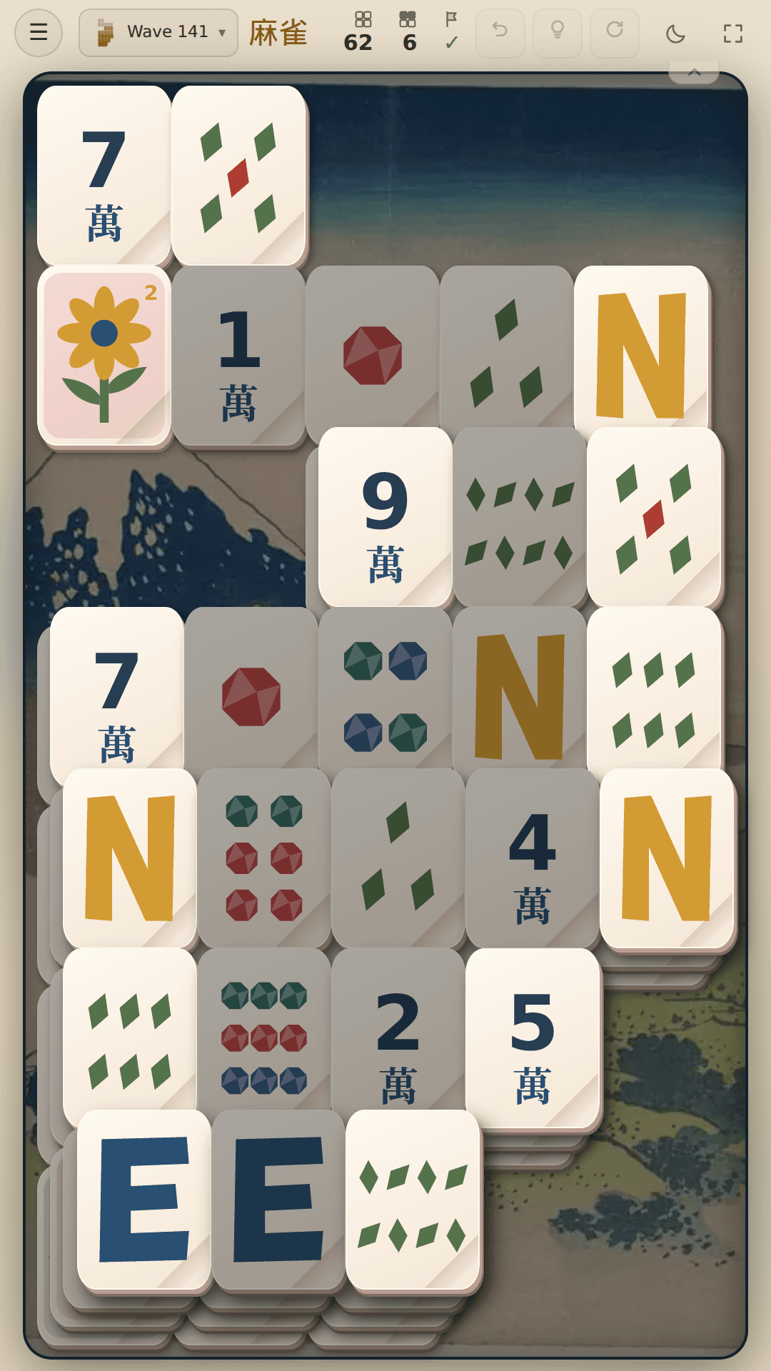 A phone-sized Mahjong Tide Flow board at Wave 141 with large readable tiles.