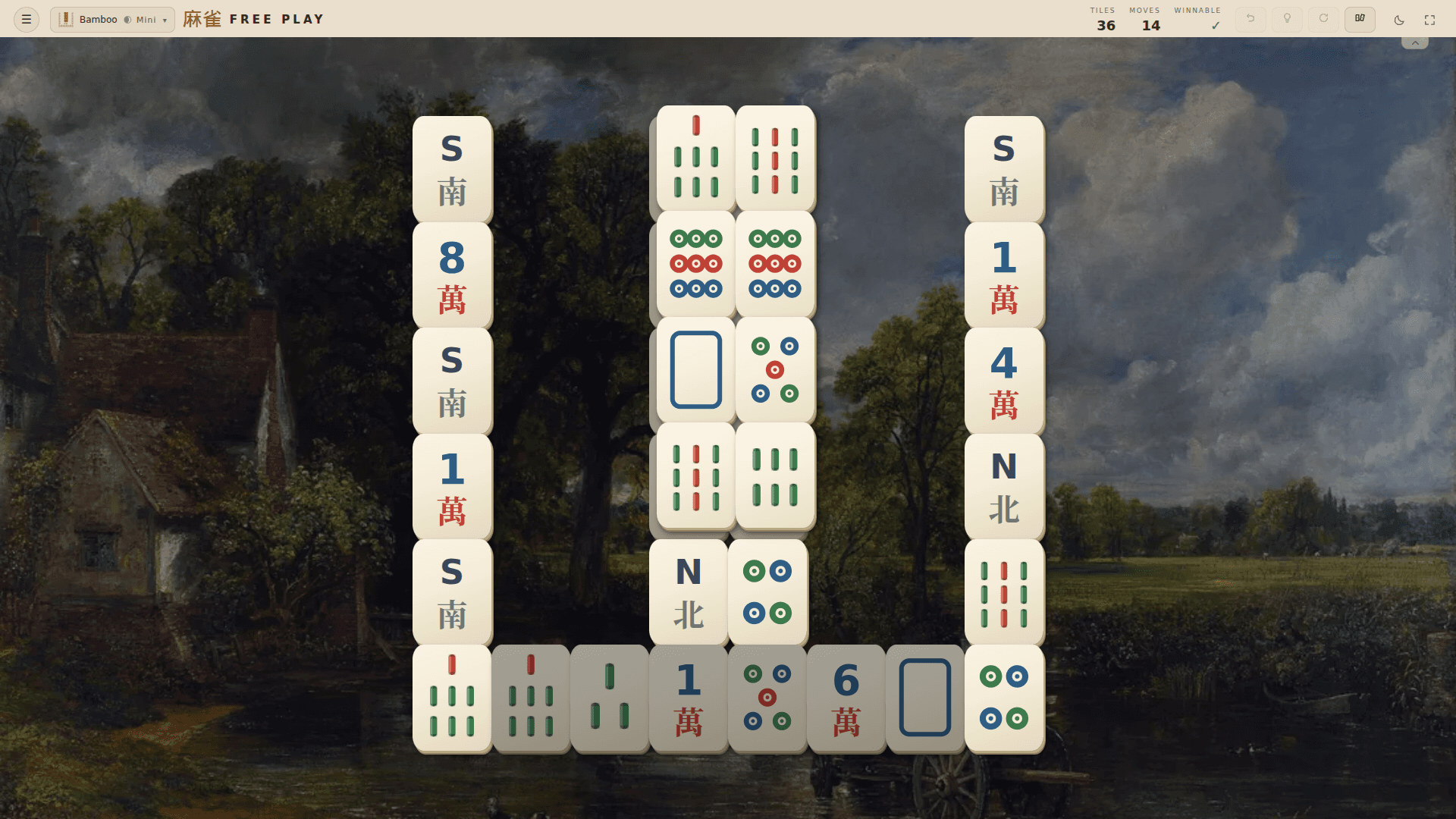 A Mahjong Tide board over John Constable’s rural landscape The Hay Wain.