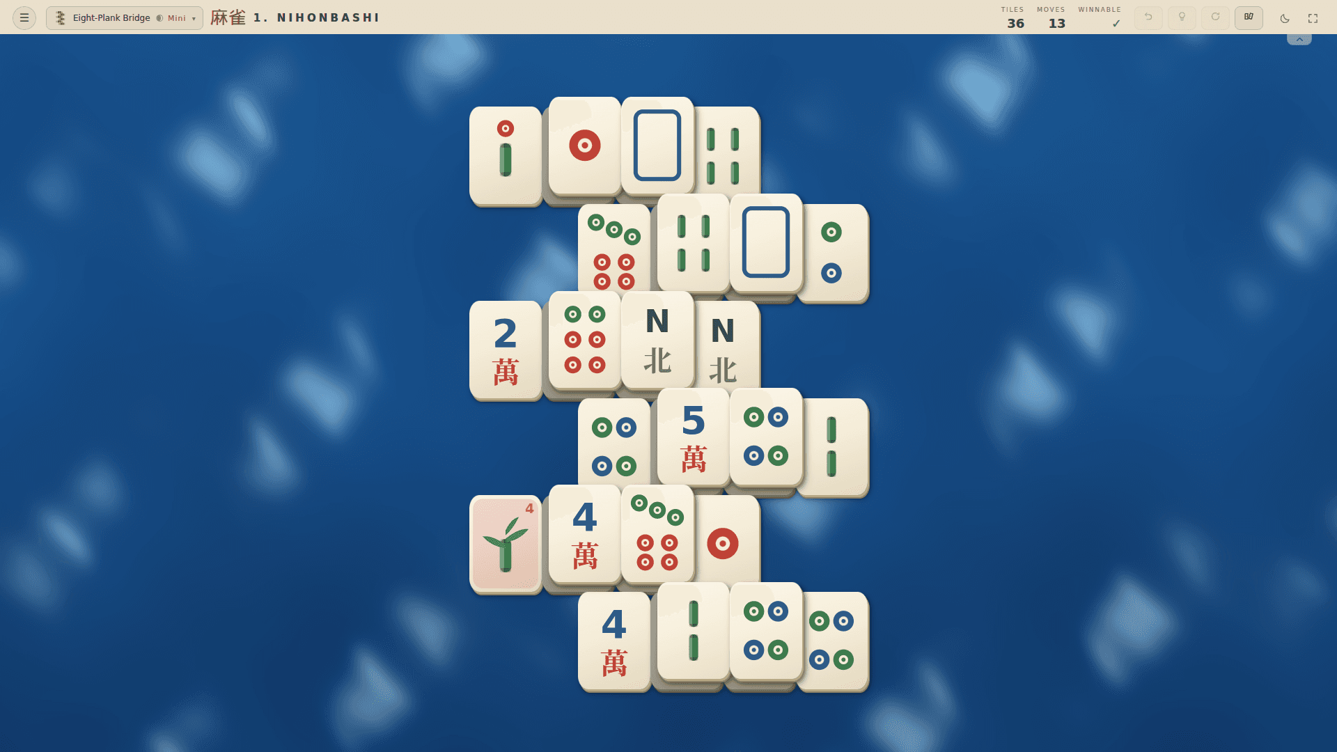 A Mahjong Solitaire board appearing over blue water at the Nihonbashi stage of Mahjong Tide’s Journey.