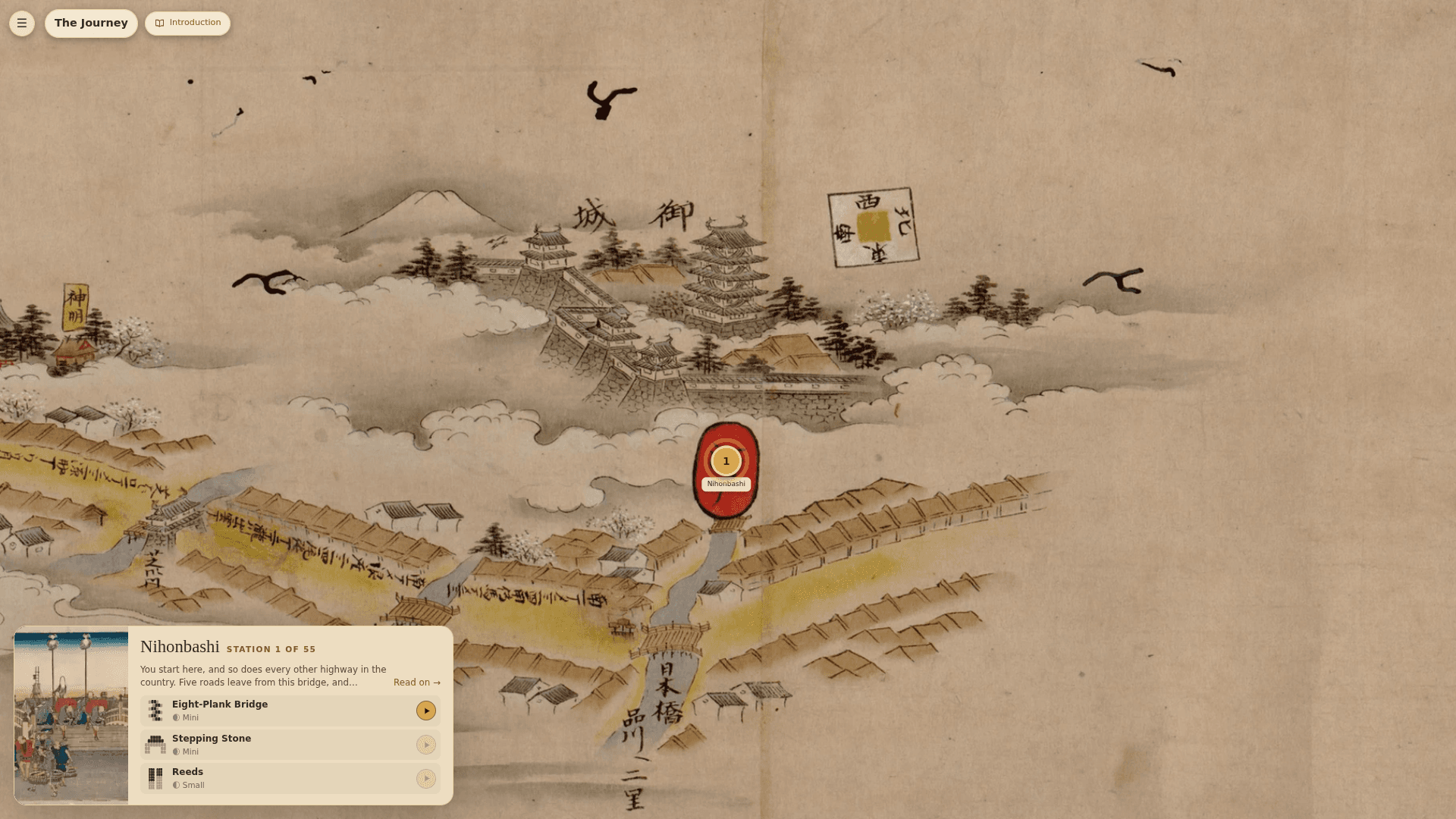 The Mahjong Tide Tokaido Journey page, with an old route map and the first station at Nihonbashi.