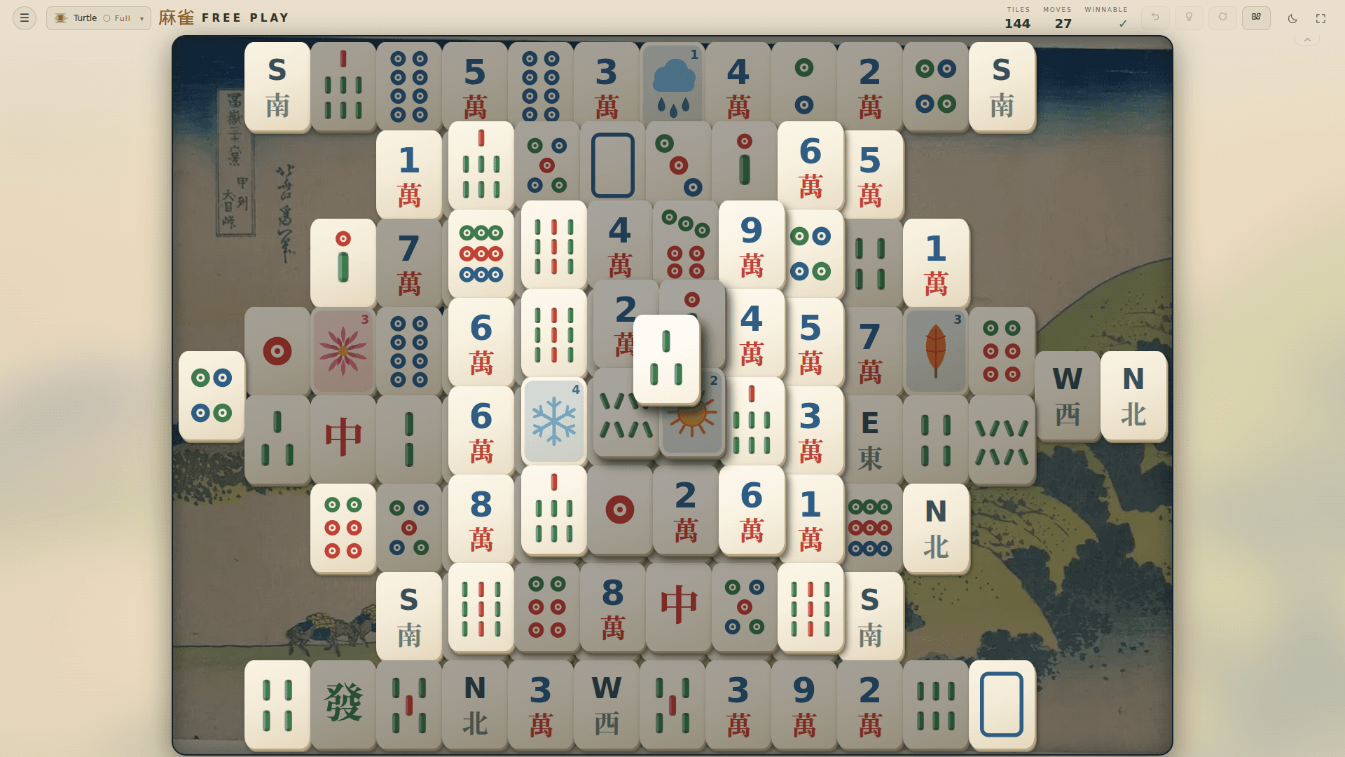The classic Turtle Mahjong Solitaire layout with blocked tiles dimmed and playable tiles highlighted.
