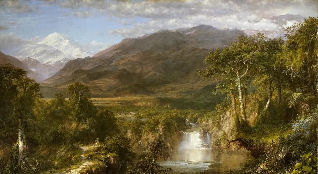 Un vasto paisaje sudamericano se extiende desde plantas tropicales y una cascada hasta un volcán nevado en la distancia