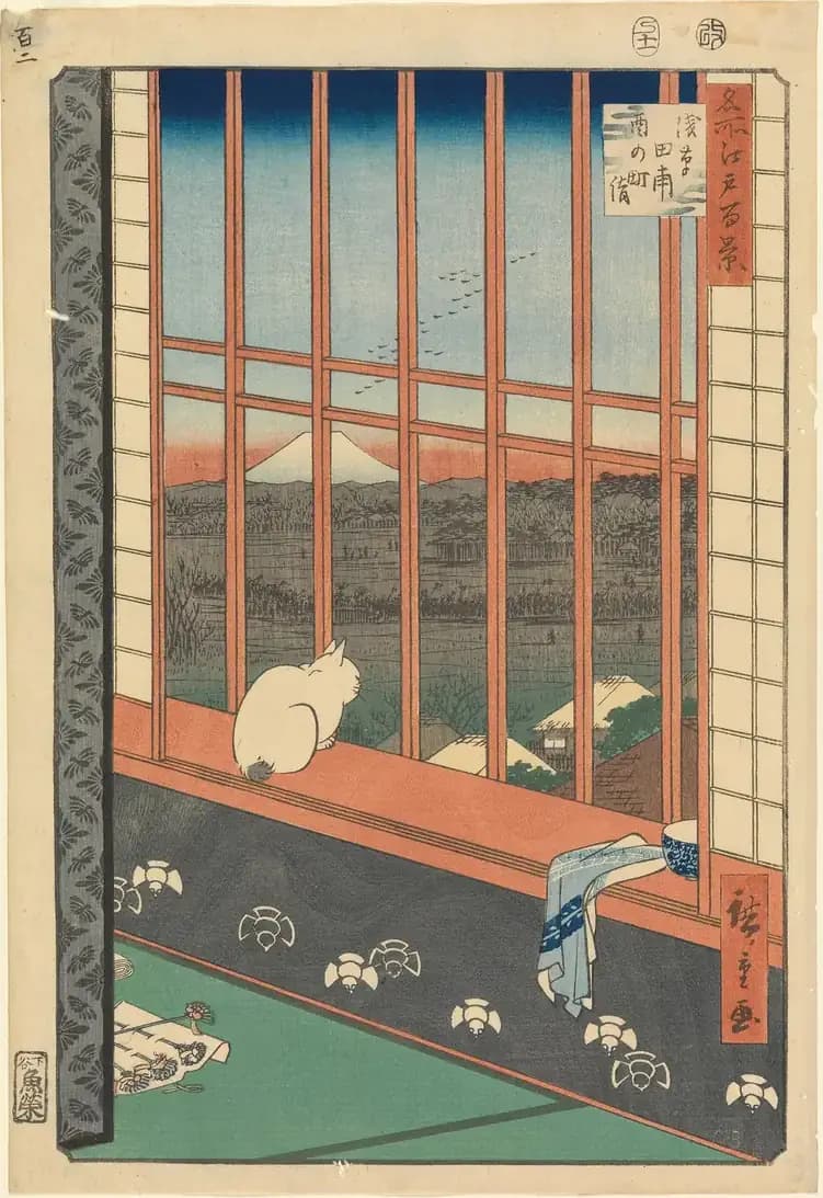 Een witte kat zit op een vensterbank met uitzicht op de rijstvelden van Asakusa en de verre berg Fuji
