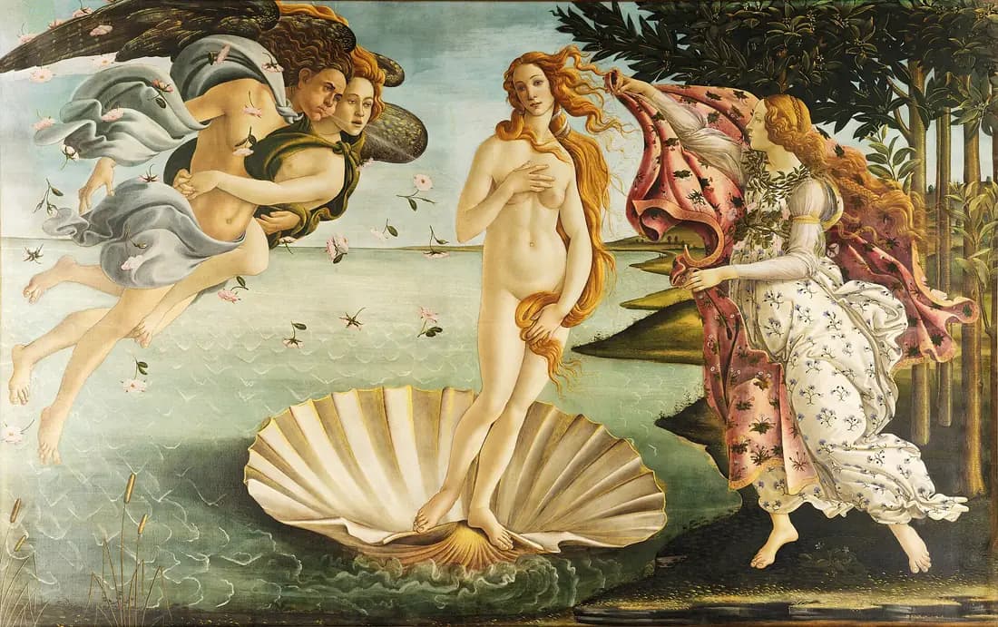 Vénus se tient sur une coquille qui approche du rivage, tandis que les vents dispersent des roses et qu'une femme l'attend avec une étoffe fleurie