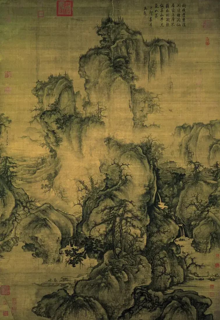 A monumental misty mountain rises above pines, streams and tiny travellers in an ink landscape
