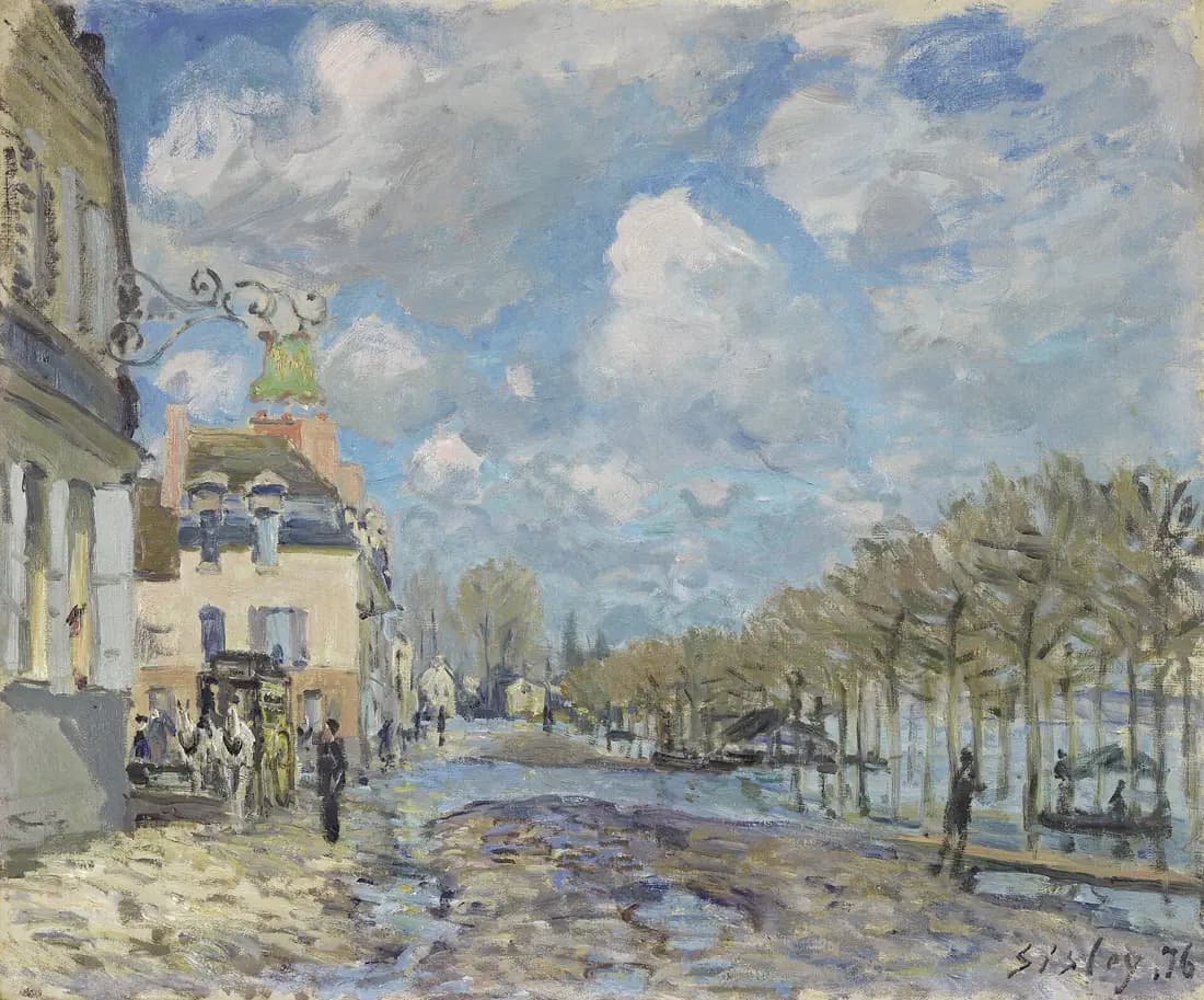 A partly flooded village street at Port-Marly beneath a bright cloud-filled sky