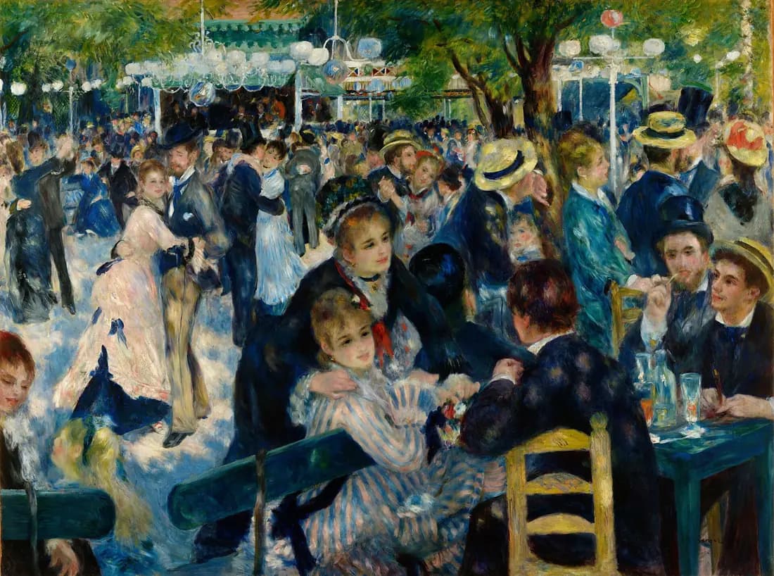 A crowded outdoor dance garden in Montmartre filled with figures under dappled sunlight