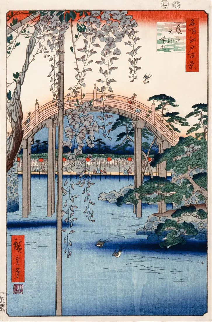 Purple wisteria hangs above water as visitors cross a steep arched bridge at Kameido Tenjin Shrine