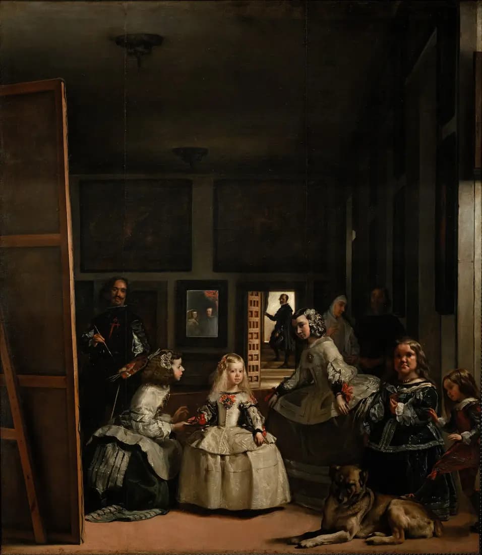 Die junge Infantin Margarita und ihre Begleiter stehen im Atelier von Velázquez, während der Maler links arbeitet