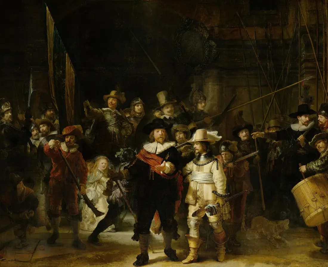 An Amsterdam civic guard company moves forward from shadow as its captain gestures in bright light