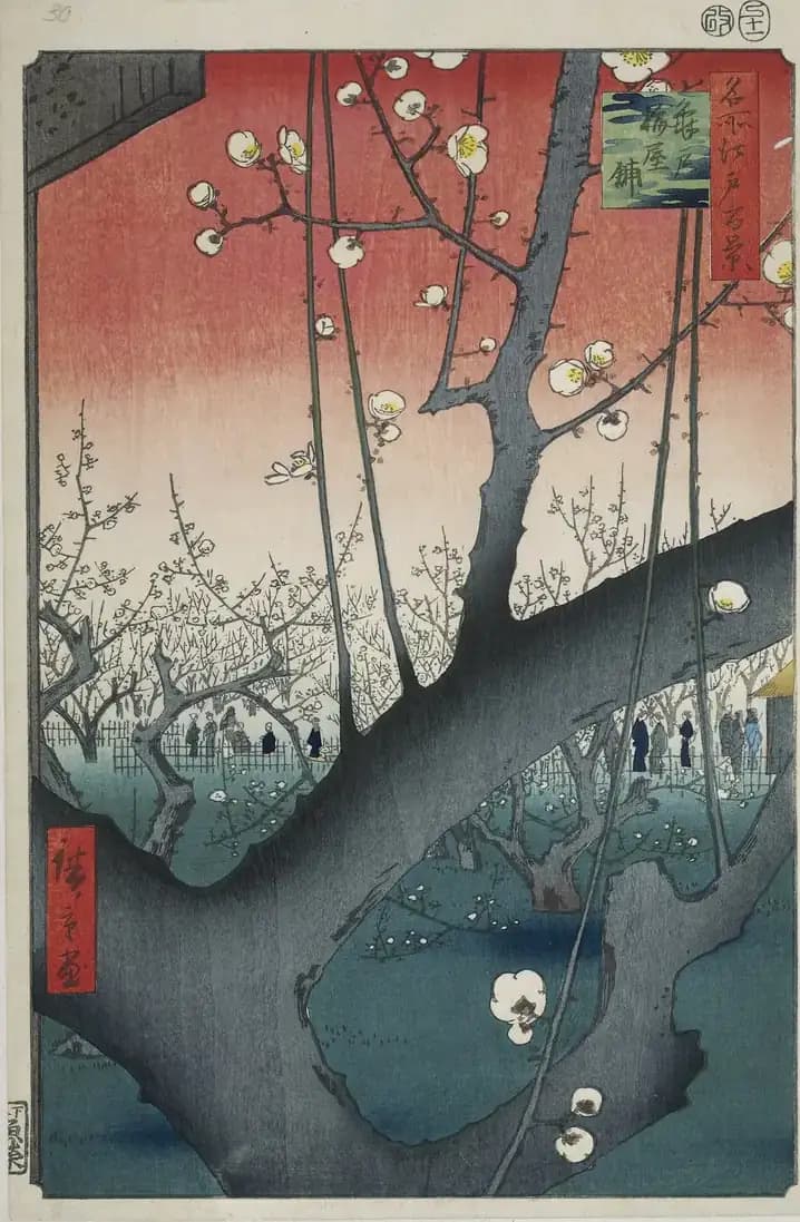 A dark twisting plum branch and white blossoms frame visitors in a garden beneath a red sky