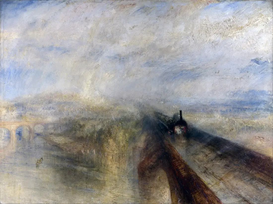 A dark steam locomotive rushes across a bridge through golden rain and mist