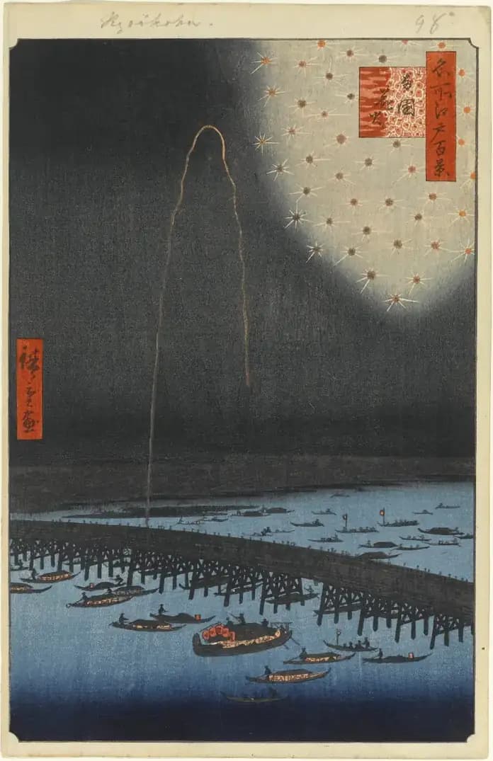 A firework bursts above crowded boats and Ryogoku Bridge on the Sumida River at night