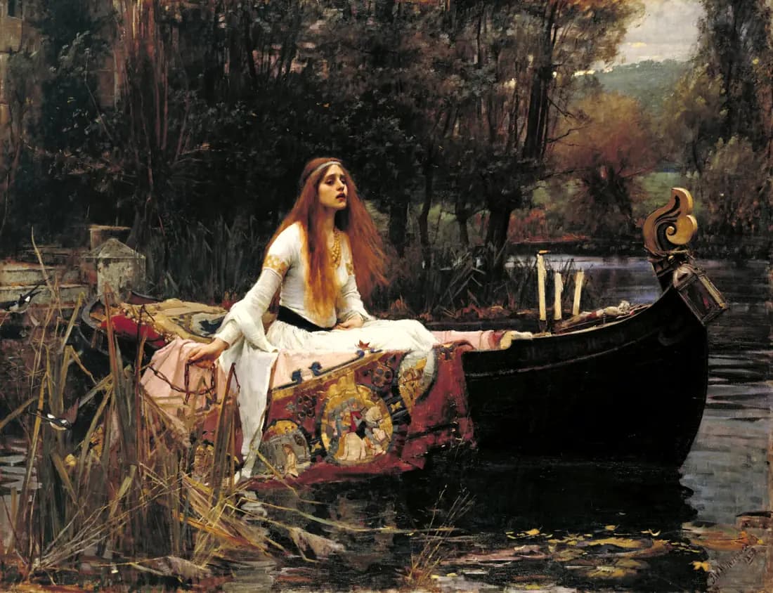 The Lady of Shalott sits in a boat and loosens its chain on a reed-lined river