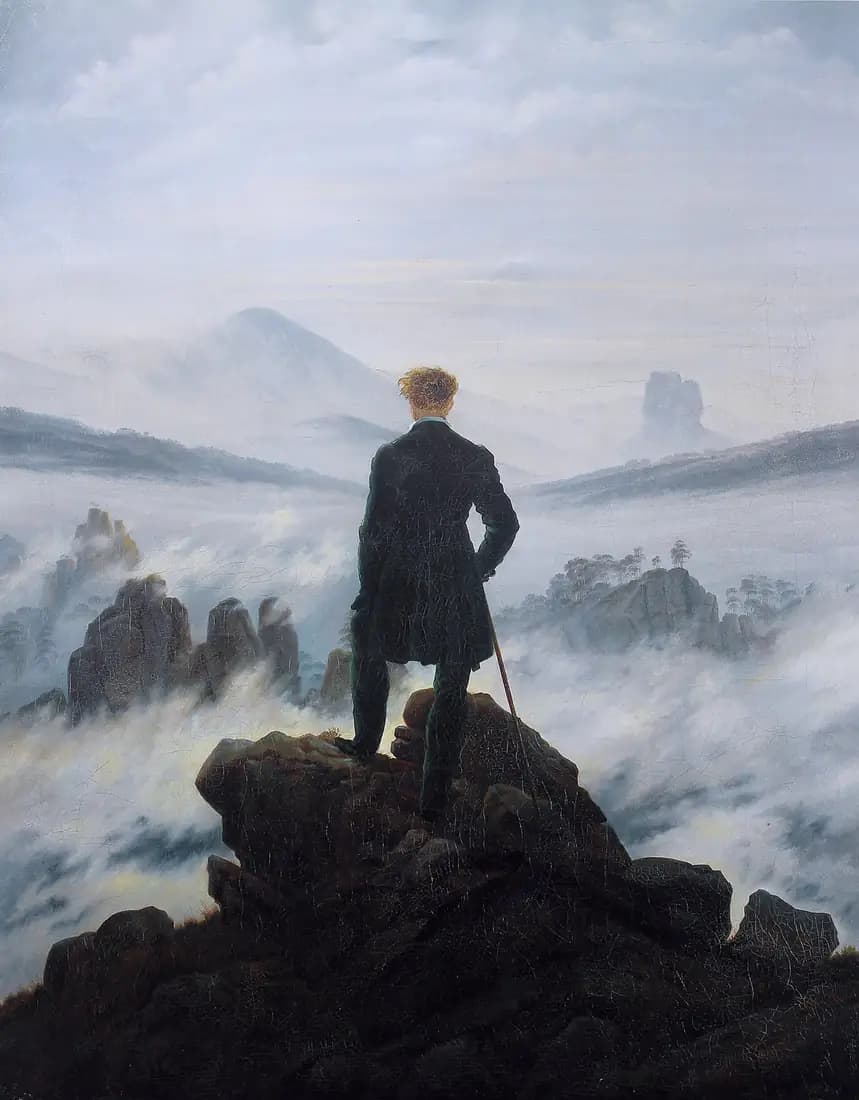 A lone man seen from behind stands on a rocky peak above a landscape filled with fog