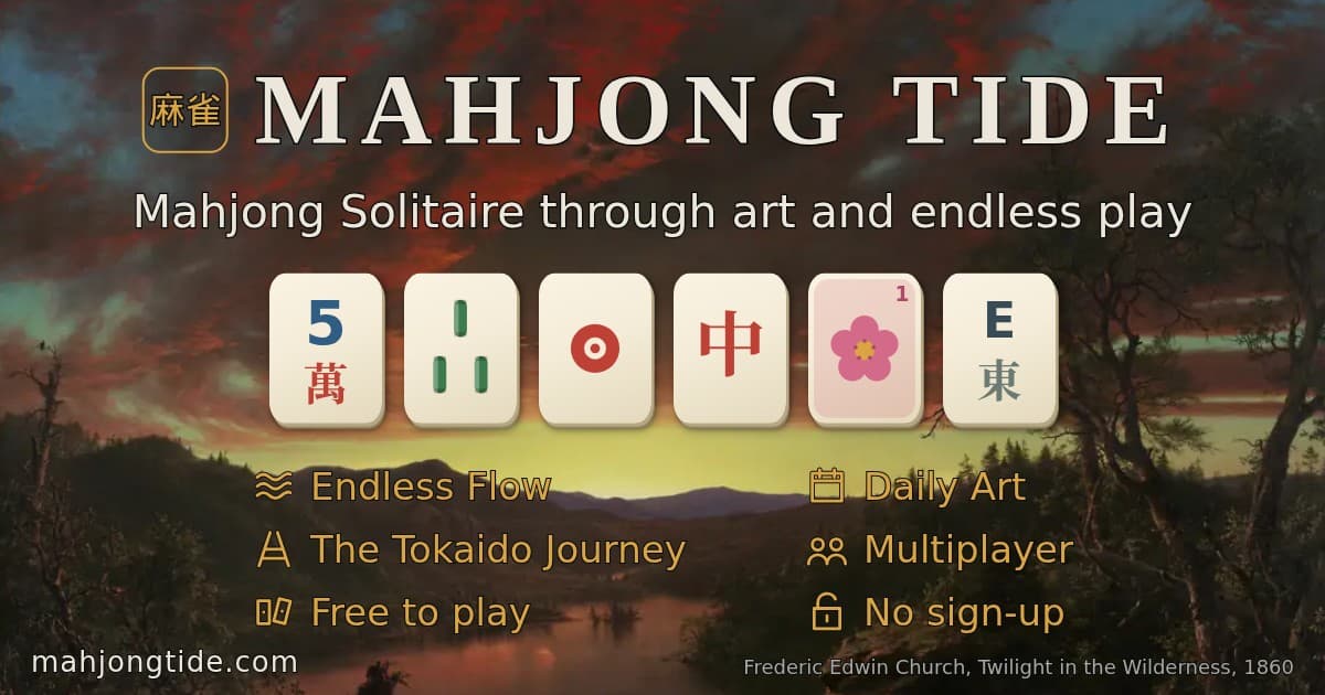 Mahjong Tide key art with the game title, six tiles, and six principal features