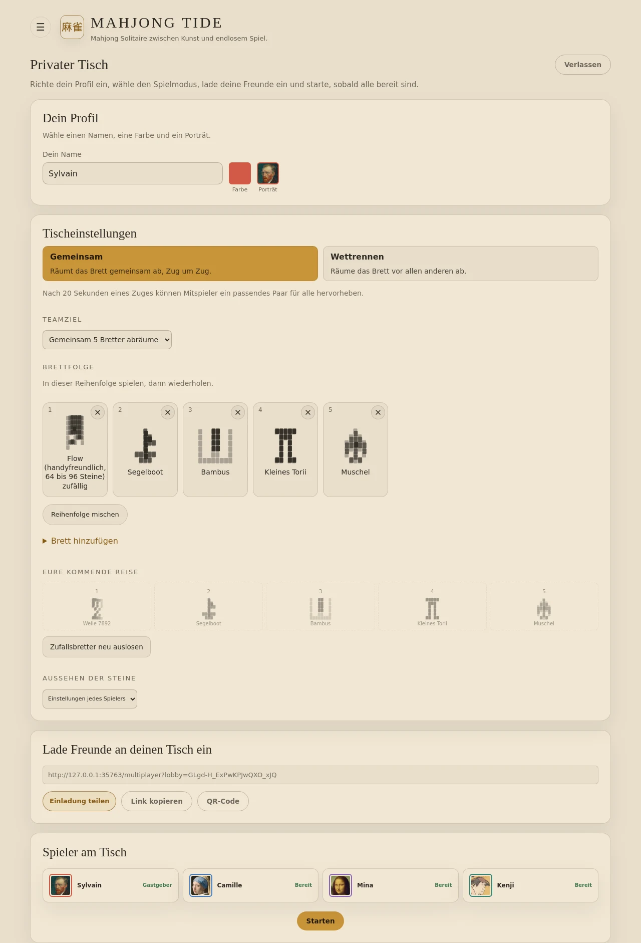 Ein privater Tisch im hellen Design mit Spielerprofil, fünf geplanten Brettern, Einladungen und vier Spielern.
