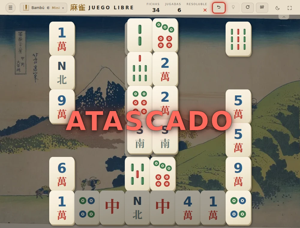 Bambú tras retirar los dos Seis exteriores, con el gran aviso rojo ATASCADO.