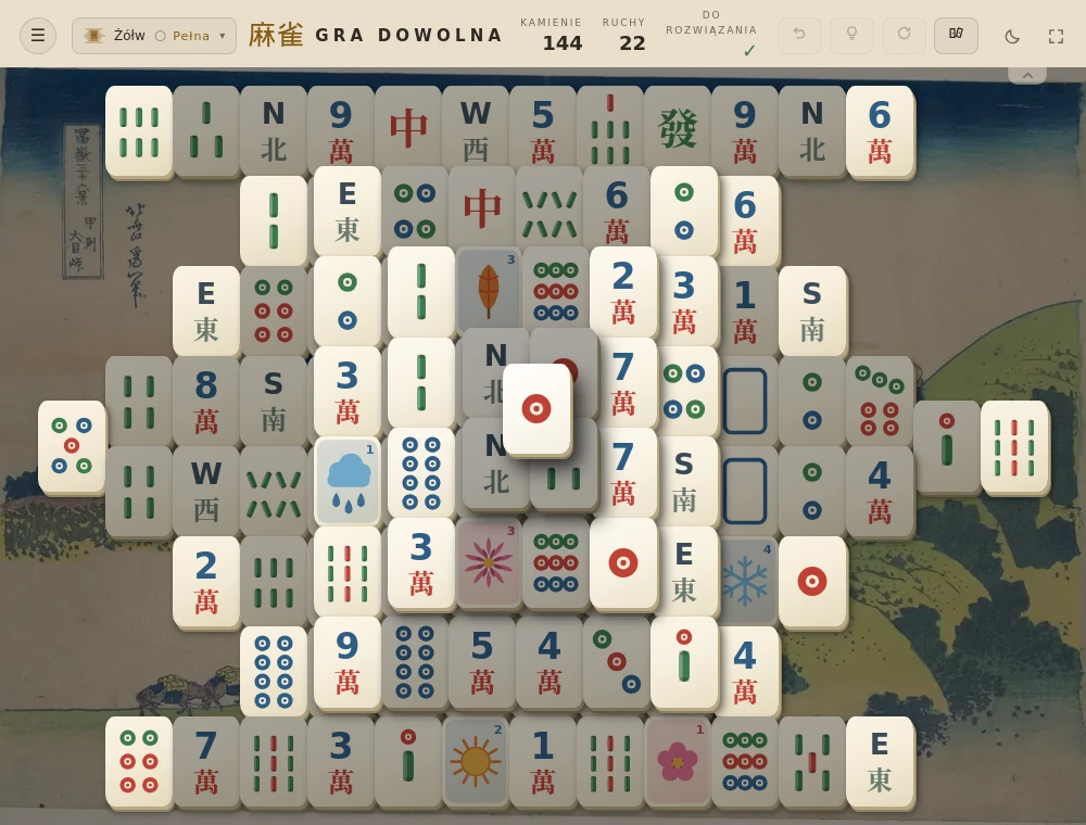 Pełny Żółw w Mahjong Tide, botaniczne kamienie na tle japońskiego krajobrazu.