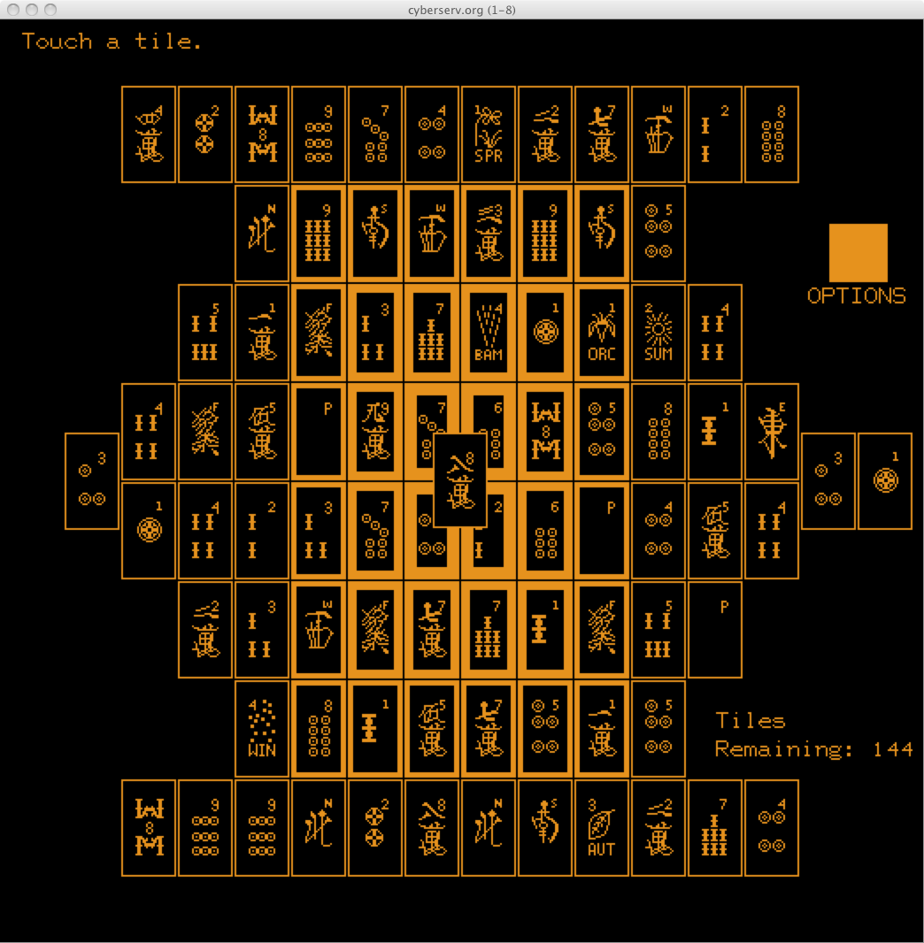Brodie Lockard’s PLATO Mah-Jongg, showing 144 tiles in the Turtle arrangement as orange outlines on a black screen.