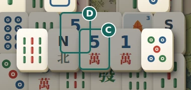 Close-up of the lower stack. D’s Five of Characters is visible above the raised row; C, another Five, partly covers it and is blocked by the North Wind on its left and One of Characters on its right.