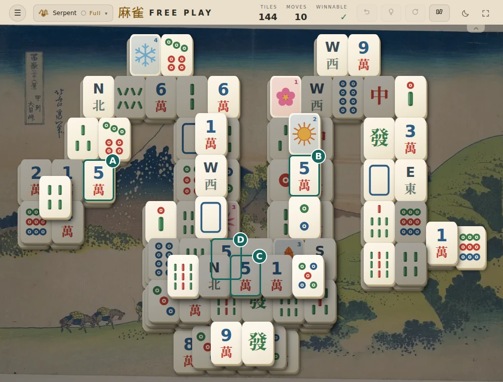 Serpent example deal with four Five of Characters labelled. A and B are free above the lower stack. C sits in the raised lower row, partly covering the visible Five of Characters D.