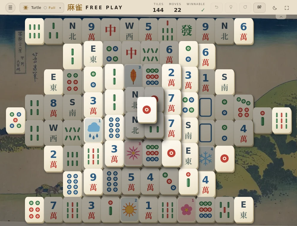 The complete Turtle layout in Mahjong Tide, using botanical tiles over a Japanese landscape painting.